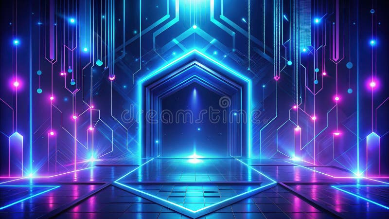Abstraktes futuristisches Neon Gateway einer pulsierenden digitalen Landschaft mit leuchtenden Wegen und leuchtenden Schaltkreisen stock abbildung