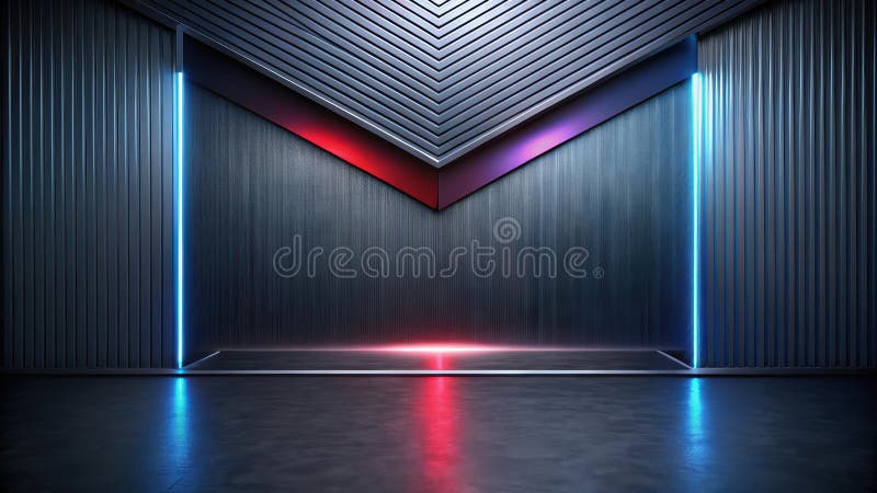 Abstraktes futuristisches Neon glühende Linien Bühnendesign mit metallischen Wandplatten und reflektierendem Boden. Generative AI vektor abbildung