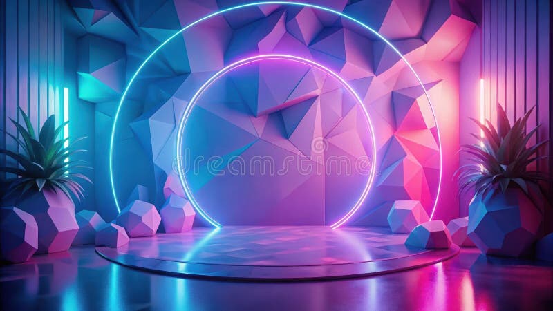 Abstraktes futuristisches Neondisplay mit geometrischen Formen und tropischen Pflanzen. Generative AI lizenzfreie abbildung