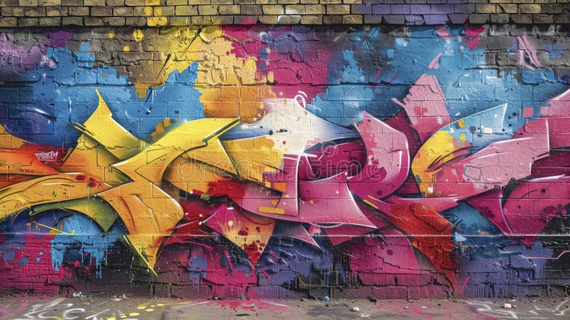 Street art. Abstract background image of a fully completed graffiti pattern on a brick wall in pink, blue and yellow colors. AI generated. Street art. Abstract background image of a fully completed graffiti pattern on a brick wall in pink, blue and yellow colors. AI generated