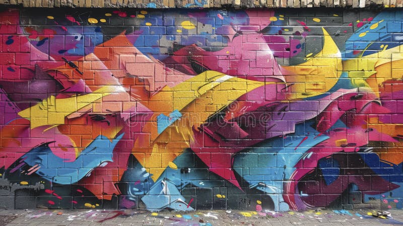 Street art. Abstract background image of a fully completed graffiti pattern on a brick wall in pink, blue and yellow colors. AI generated. Street art. Abstract background image of a fully completed graffiti pattern on a brick wall in pink, blue and yellow colors. AI generated