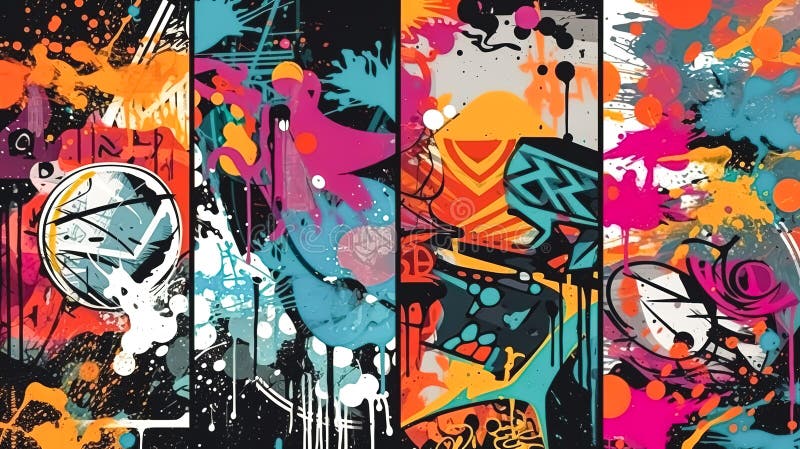 Abstraktes Graffiti-Poster mit bunten Tags Farbe Splatter Kritzeln und Fragmente generative ai. stock abbildung