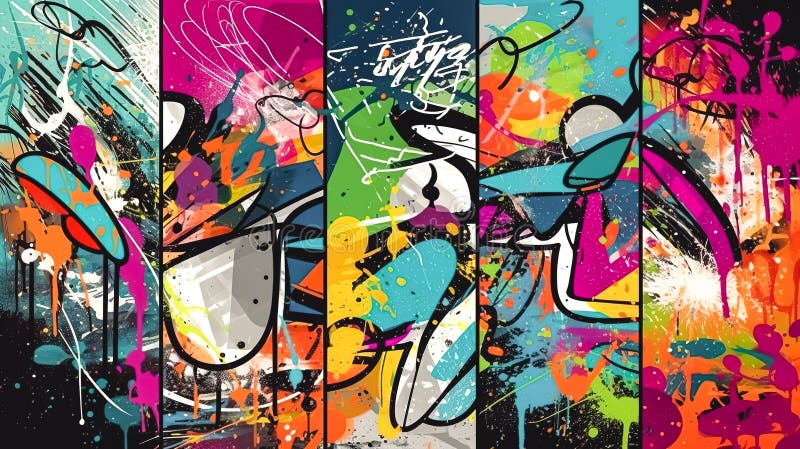 Abstraktes Graffiti-Poster mit bunten Tags Farbe Splatter Kritzeln und Fragmente generative ai. stock abbildung