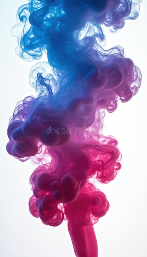 Abstraktes Kunstbild von magenta blauer, dicker Rauch. Farbflüssigkeit auf transparentem Hintergrund. Formen. Abstraktes Design stockfotografie