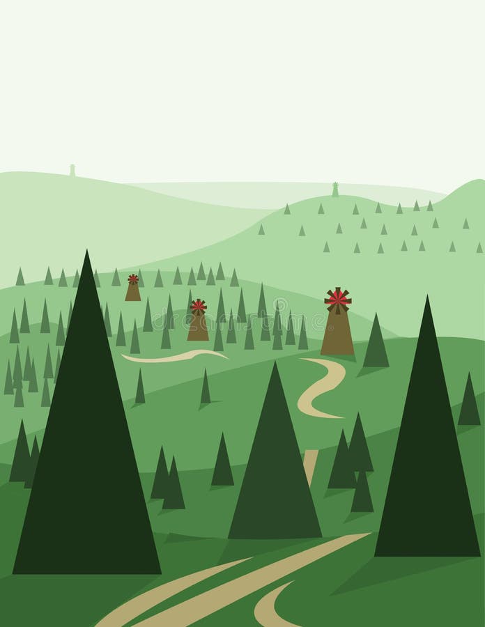 Abstraktes Landschaftsdesign mit grünen Bäumen und Hügel, Straßen und Windmühlen, flache Art lizenzfreie abbildung Abstraktes Landschaftsdesign mit grünen Bäumen und Hügel, Straßen und Windmühlen, flache Art lizenzfreie abbildung