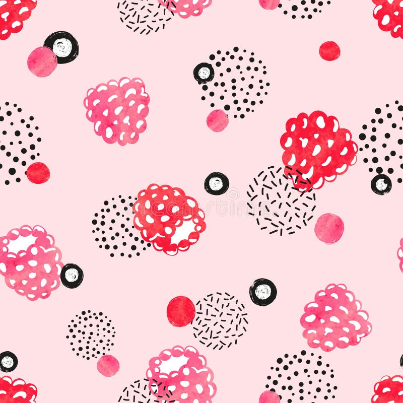 Abstraktes nahtloses Muster in der rosa und schwarzen Farbe mit Aquarellhimbeere und -punkten vektor abbildung Abstraktes nahtloses Muster in der rosa und schwarzen Farbe mit Aquarellhimbeere und -punkten vektor abbildung