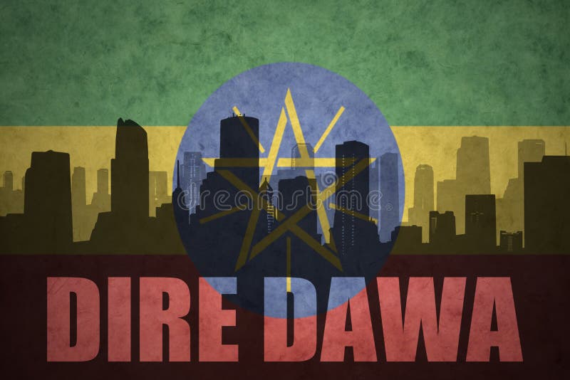 Abstraktes Schattenbild der Stadt mit Text Dire Dawa an der äthiopischen Flagge der Weinlese stock abbildung Abstraktes Schattenbild der Stadt mit Text Dire Dawa an der äthiopischen Flagge der Weinlese stock abbildung