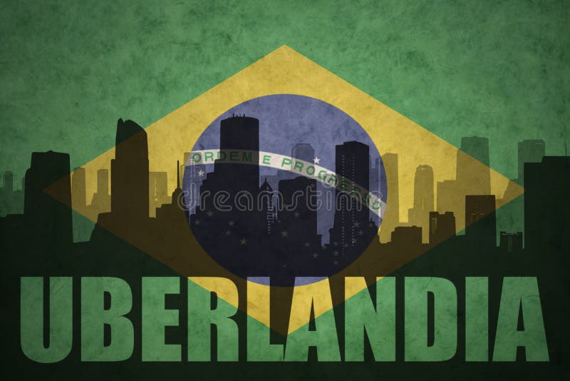 Abstraktes Schattenbild der Stadt mit Text Uberlandia an der Weinlesebrasilianerflagge stockfoto Abstraktes Schattenbild der Stadt mit Text Uberlandia an der Weinlesebrasilianerflagge stockfoto
