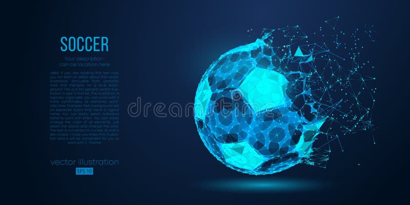 Abstraktes Schattenbild eines Fußballs von den Partikellinien und -dreiecken auf blauem Hintergrund Fußball-Vektorillustration lizenzfreie abbildung