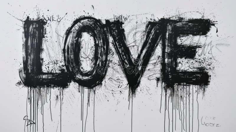 Dynamic black paint splashes forming the word &#x27;LOVE&#x27; on a white canvas, merging street art vibes with abstract expressionism. AI generated. Dynamic black paint splashes forming the word &#x27;LOVE&#x27; on a white canvas, merging street art vibes with abstract expressionism. AI generated