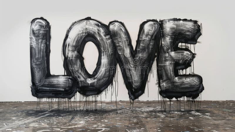 Dynamic black paint splashes forming the word &#x27;LOVE&#x27; on a white canvas, merging street art vibes with abstract expressionism. AI generated. Dynamic black paint splashes forming the word &#x27;LOVE&#x27; on a white canvas, merging street art vibes with abstract expressionism. AI generated