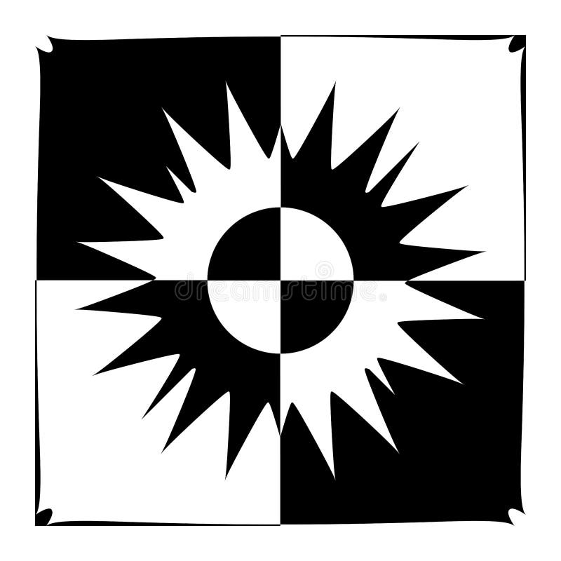 Abstraktes Sonnensymbol auf karierten schwarz-weißen Mustern vektor abbildung