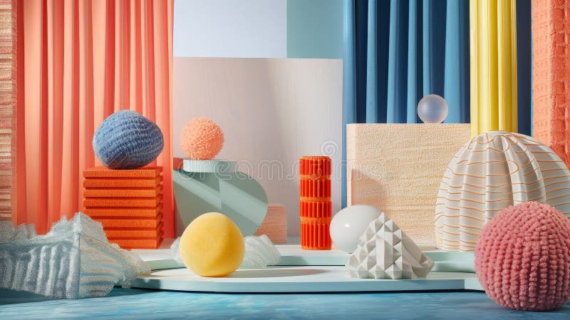 Abstraktes Stillleben mit farbigen Texturen und geometrischen Formen. Ein faszinierendes abstraktes Stillleben mit einer lebhaften Palette farbiger Texturen und geometrischer Formen. Die Szene ist vor einem Hintergrund pastellblau-orange und gelbe Vorhänge gesetzt, die eine spielerische und visuell ansprechende Komposition schaffen