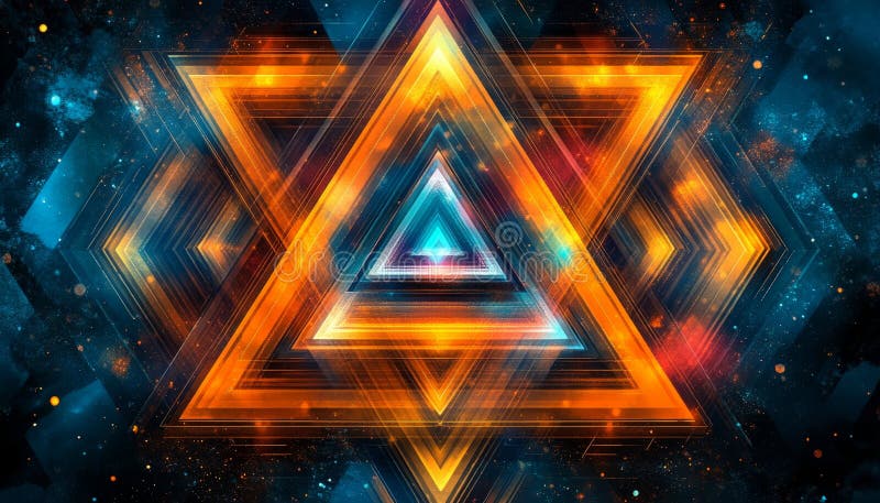 Abstraktes symmetrisches Netzglühen Cyan und Orange auf schwarz geometrischem technischem Design stock abbildung