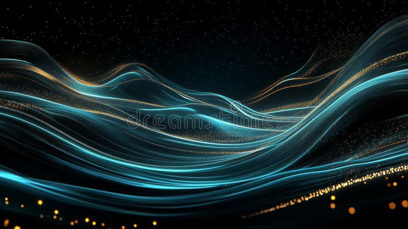 Abstraktes Türkis- und Golden Data Visualization Network Vivid Graph Line auf schwarzem Hintergrund lizenzfreie abbildung