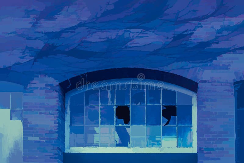 Image of antique building with broken windows in expressionism watercolor in classic blue. Image of antique building with broken windows in expressionism watercolor in classic blue