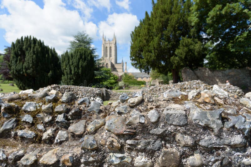 Abteiwandruinen im Fokus mit St. Edmundsbury Catherdral lizenzfreie stockbilder Abteiwandruinen im Fokus mit St. Edmundsbury Catherdral lizenzfreie stockbilder