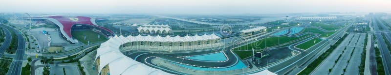 ABU DHABI - DECEMBER 2016: Ferrari World and F1 circuit, aerial stock photography ABU DHABI - DECEMBER 2016: Ferrari World and F1 circuit, aerial stock photography