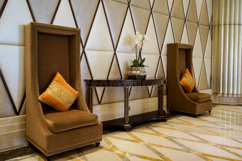 Abu Dhabi. Summer 2016. Bright and Modern Interior Luxury Hotel St. Regis Abu Dhabi Corniche