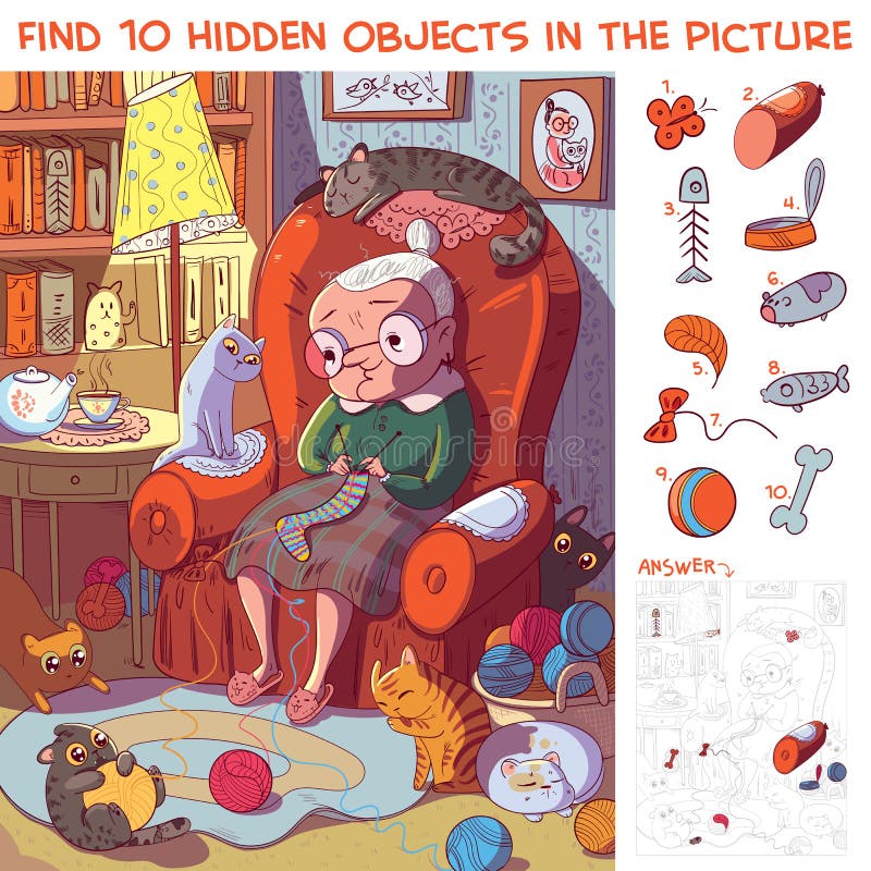 Abuela sentada en el sillón y calcetines de punto rodeados por sus gatos. buscar objetos ocultos