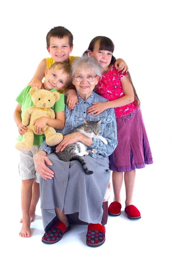 Happy children with grandma and cat. White background. Happy children with grandma and cat. White background.