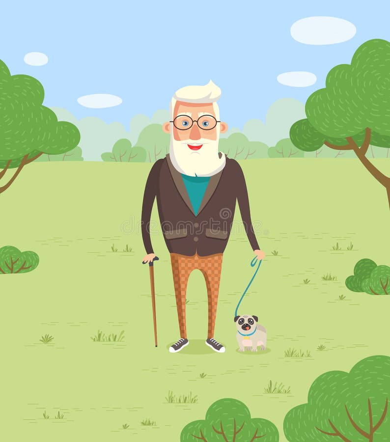 Abuelo caminando con perro en el vector del bosque de parque stock de ilustración
