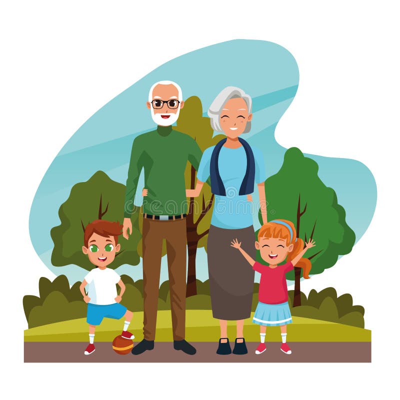 Abuelos con los nietos en parque. Abuela y abuelo con los niños de los nietos que juegan en el ejemplo del vector de las historietas del aire libre del parque