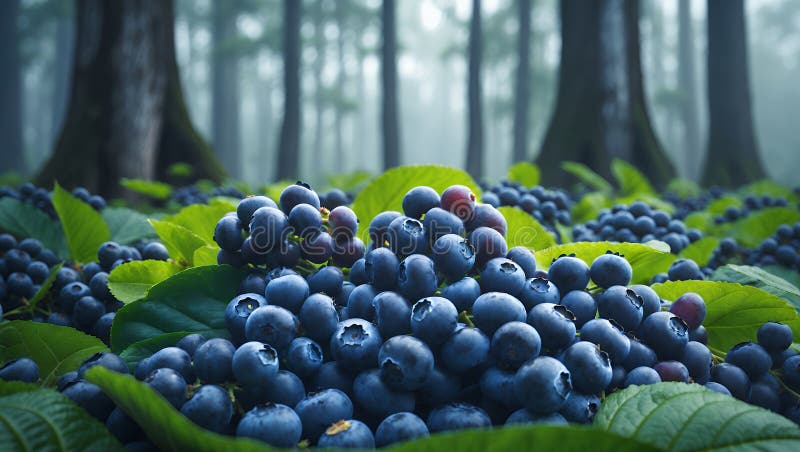 Abundant blåbär i Misty Forest : En stängningsvy vektor illustrationer