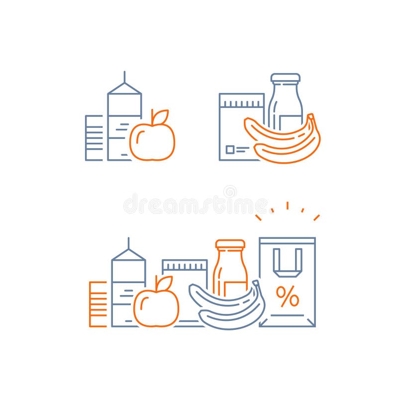 Abundância do alimento, alimento do mantimento e bebida bem escolhidos, pilha dos produtos, conceito do consumo, programa da leal ilustração stock Abundância do alimento, alimento do mantimento e bebida bem escolhidos, pilha dos produtos, conceito do consumo, programa da leal ilustração stock
