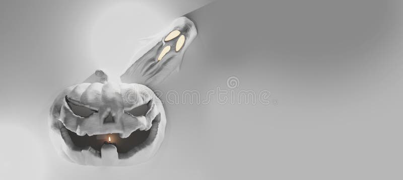 Abóbora de Dia das Bruxas e luz do fantasma - 3d-illustration cinzento ilustração do vetor