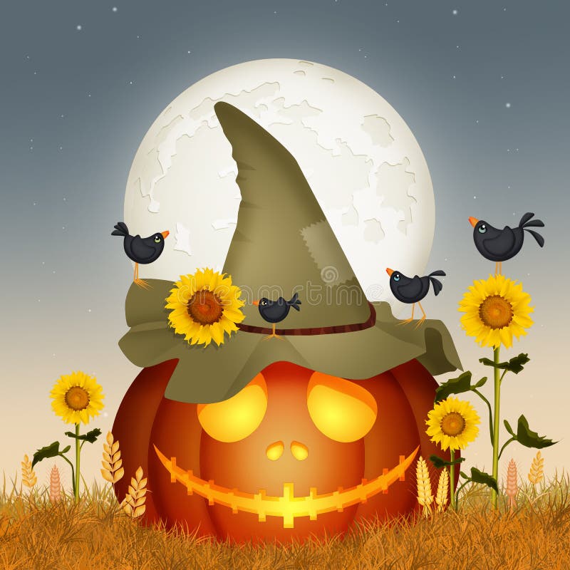 Abóbora no outono com chapéu do espantalho ilustração stock