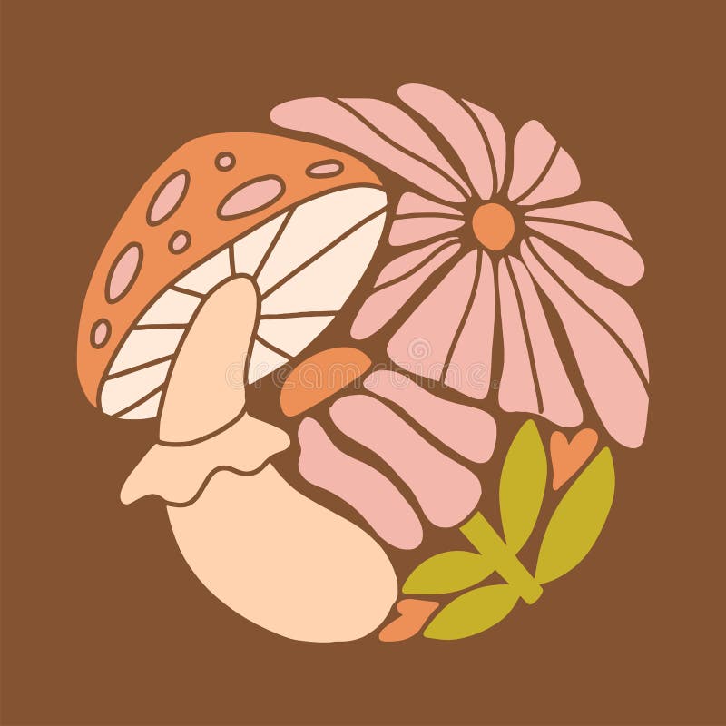 Abțibild floral abstract rotund cu 1970 de ciuperci groovy psihedelice și flori. poster estetic boho în formă rotundă vector illustration
