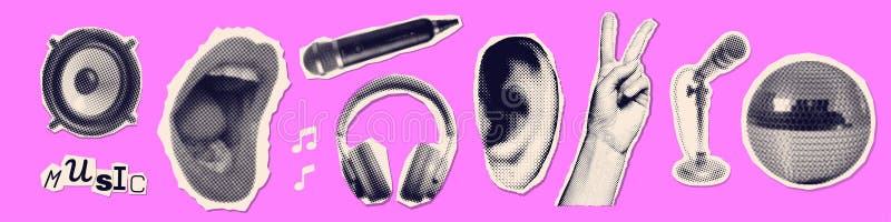 Abțibilduri de hârtie pentru colaj muzical, cu microfon audio, care cântă căști în oglindă, cu ureche și mână pe față vector illustration