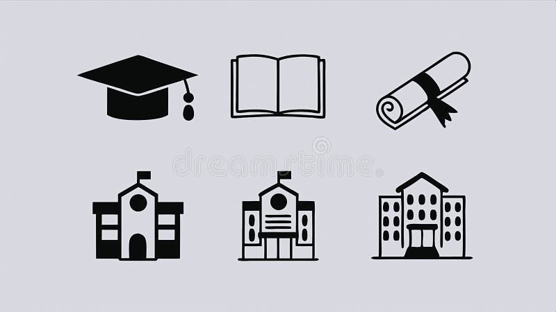 Academic icons representing graduation, books, diplomas, and school buildings, enclosed in structured designs stock illustration