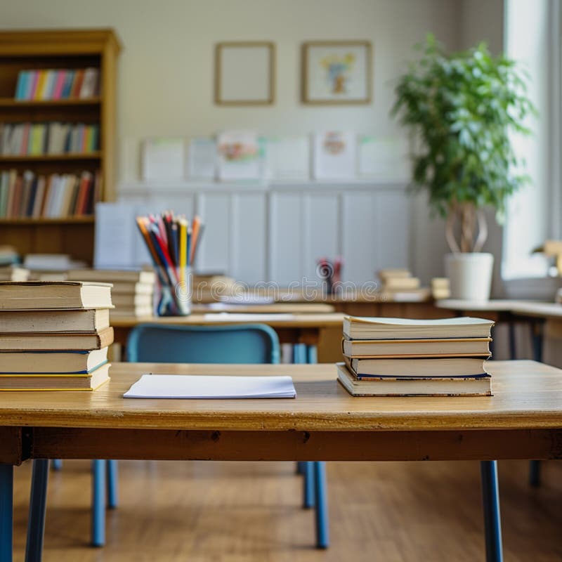 Academic Order Empty School Desk with Stationary and a Book Stack Stock