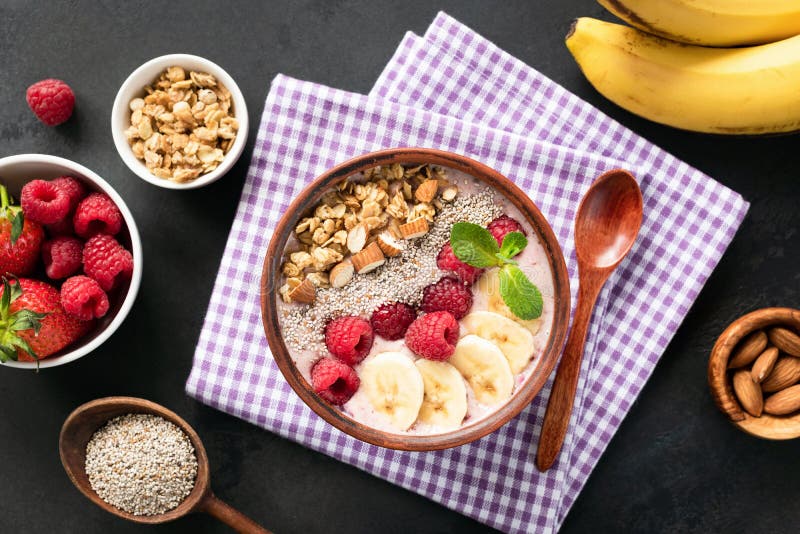 Acai Smoothie Bowl With Berries, Fruits, Granola, Chia Seeds stock photos Acai Smoothie Bowl With Berries, Fruits, Granola, Chia Seeds stock photos