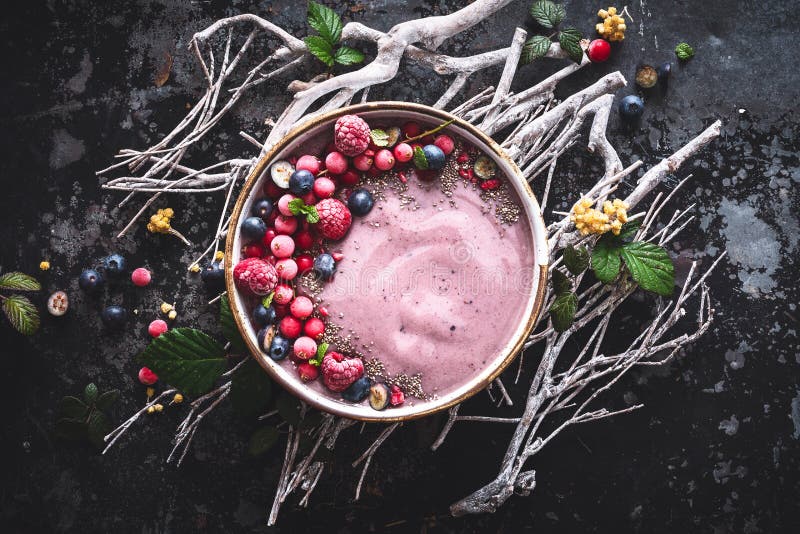 Acai Smoothiebunke med blåbäret, Rapsberry, Chia Seeds For Healthy Breakfast arkivbild Acai Smoothiebunke med blåbäret, Rapsberry, Chia Seeds For Healthy Breakfast arkivbild