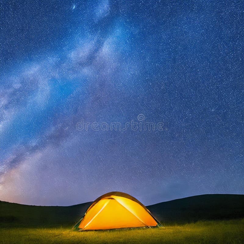 Camping Tent in Open Field. Camp Overnight. Camping Tent with Light on