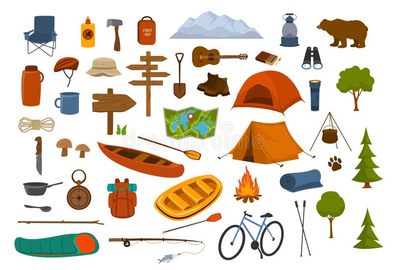 Acampamento caminhando gráficos da engrenagem e das fontes ilustração do vetor Acampamento caminhando gráficos da engrenagem e das fontes ilustração do vetor