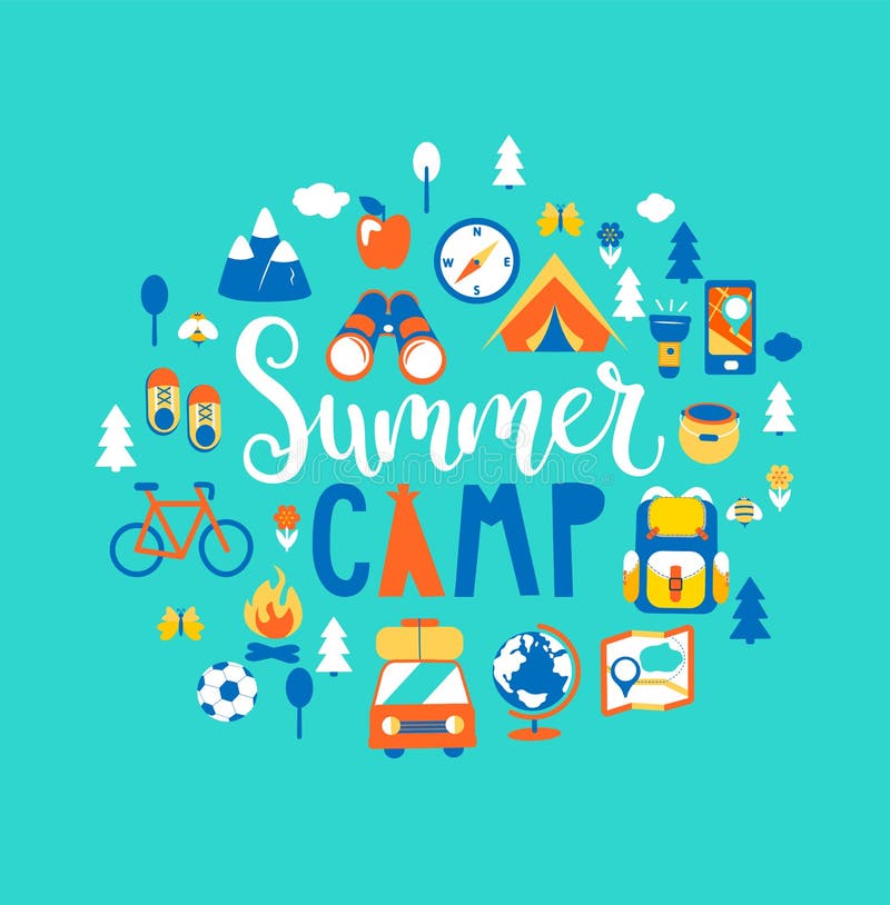 Acampamento de verão com muito equipamento de acampamento ilustração stock Acampamento de verão com muito equipamento de acampamento ilustração stock