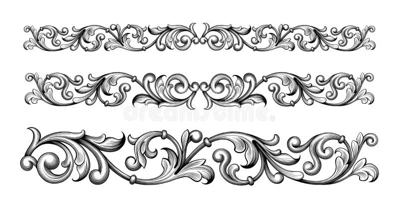 Acanthus antikvitet, arabiska, barock som är svartvit, gräns som är calligraphic, cartouche, klassiker, hörn, damast, garnering vektor illustrationer
