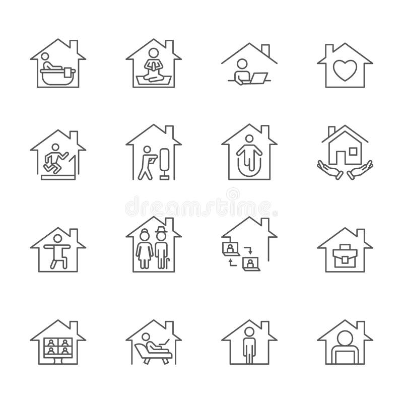 Acasă. pictograme casă de familie. patria liniară. izolarea socială în cazul pandemiei de gripă. simboluri de linie pentru cartea stock illustration