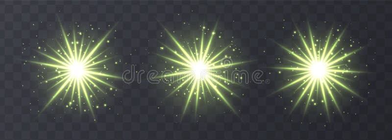 Accensioni di luce isolate su fondo trasparente Lampade a cristalli verdi, bokeh, scintille, collezione di stelle luminose