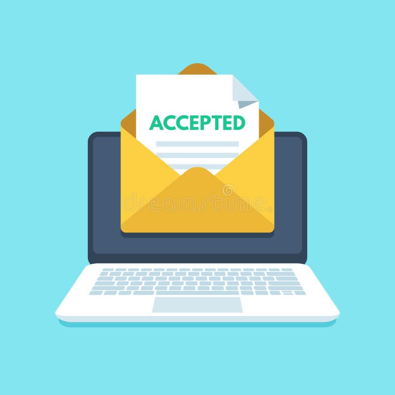 Accepted email in envelope. College acceptance success or university admission letter. Mail in laptop inbox vector