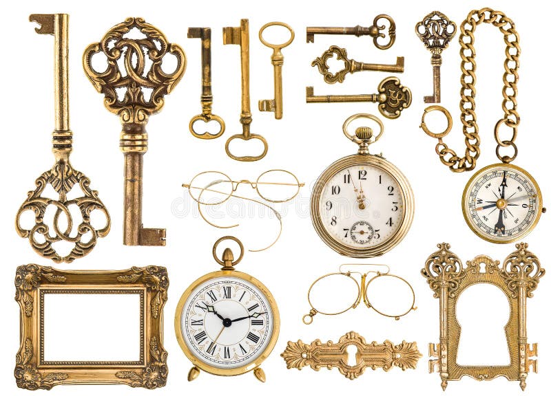 Accesorios antiguos de oro marco barroco, llaves del vintage, reloj