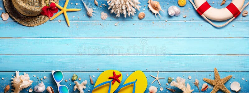 Accesorios de la playa en el tablón azul - vacaciones de verano