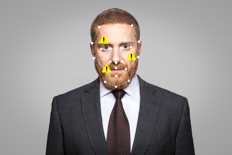 Access denied, Biometric verification error - businessman face recognition with bug royalty free stock image