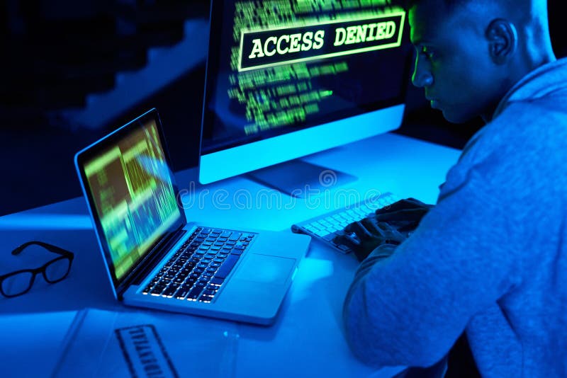 Access denied, screen or black man hacking computer for cybercrime, malware or phishing for stealing online data. Hacker stock photos