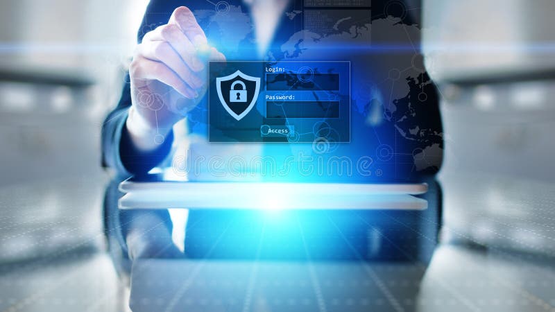 Access window with login and password on virtual screen. Cyber security and personal data protection concept. stock photo Access window with login and password on virtual screen. Cyber security and personal data protection concept. stock photo