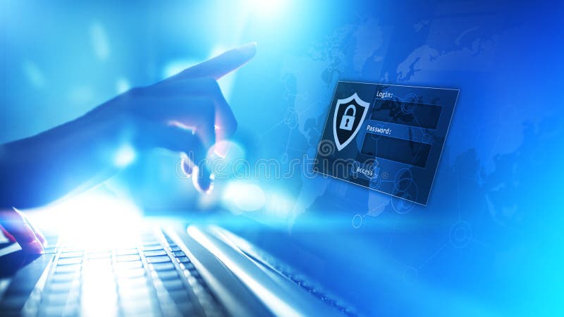 Access window with login and password on virtual screen. Cyber security and personal data protection concept. royalty free stock photography